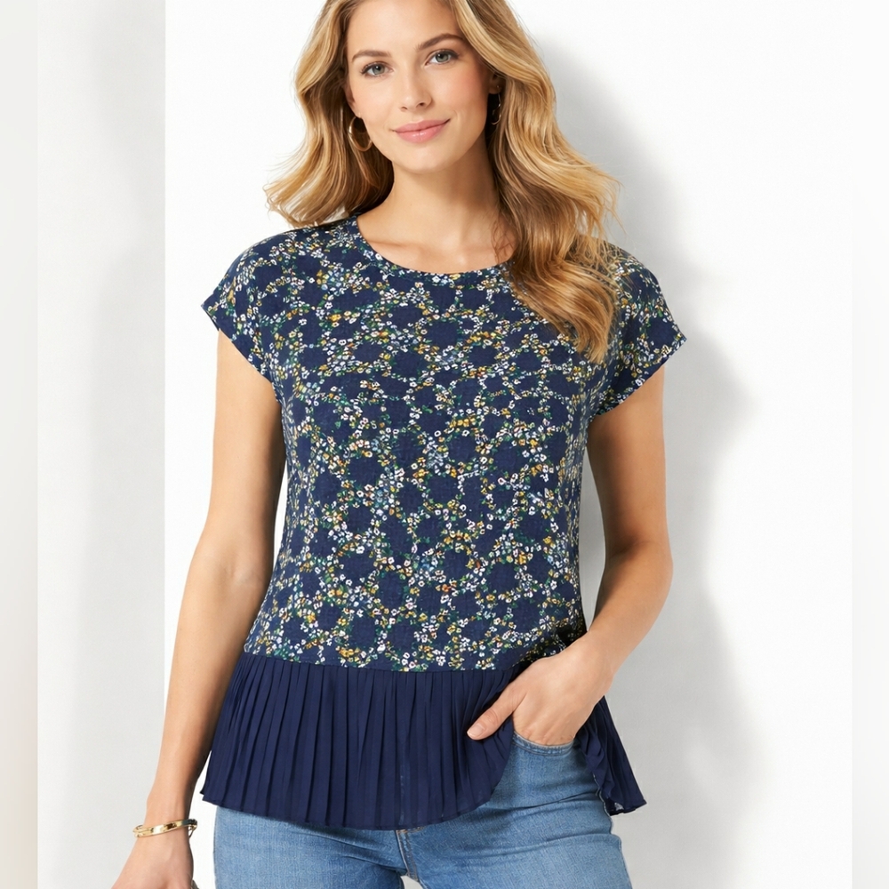 Michael Kors Navy Floral Pleated Hem Blouse NWT Spring Cottagecore Top